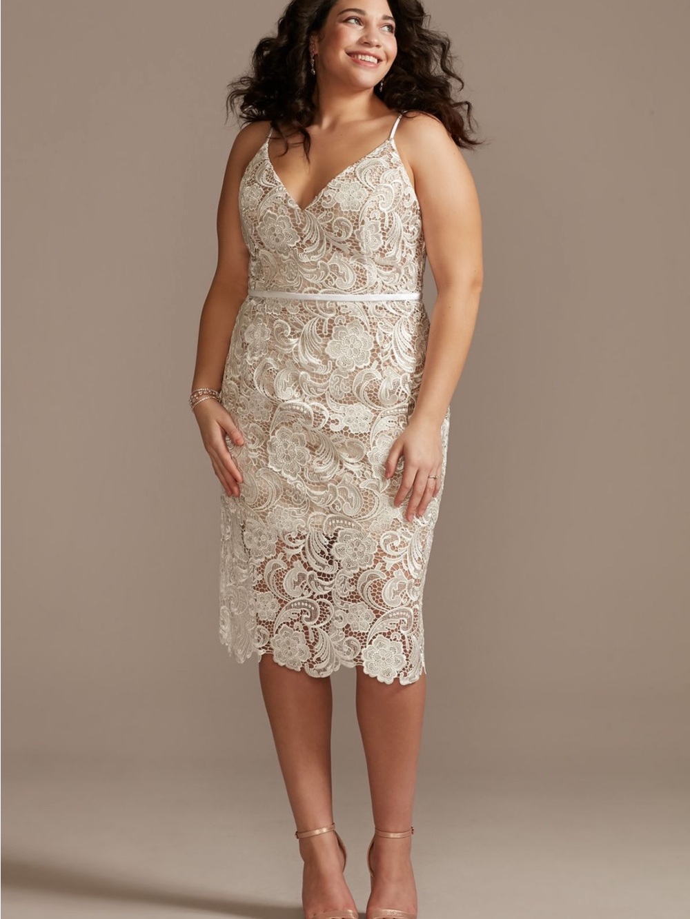 Plus-Size Ivory Lace Midi Dress with Spaghetti Straps